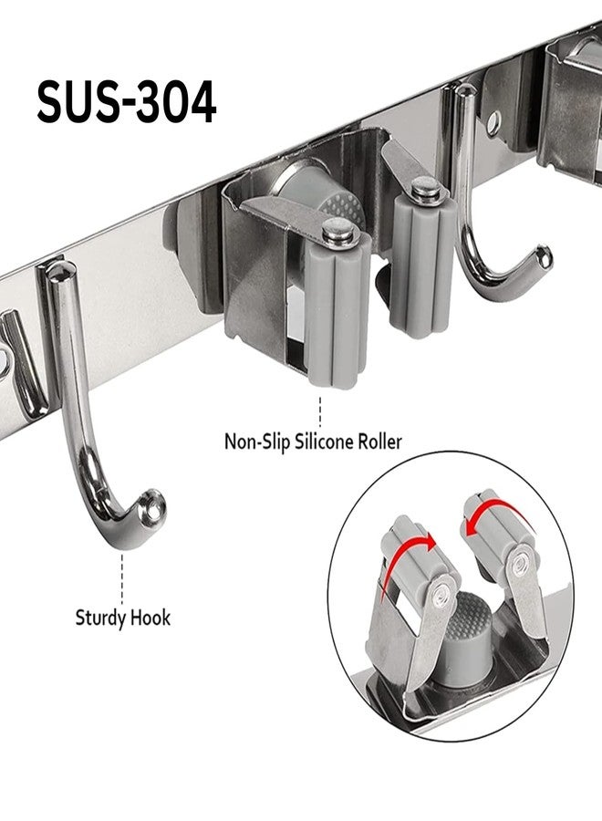 Home Elem Broom Mop Holder Wall Mount Stainless Steel Wall Mounted Storage Organizer Heavy Duty Tools Hanger with 4 Racks 5 Hooks for Kitchen Bathroom Closet Garage Office Garden 1Pc broom holder - Image 5